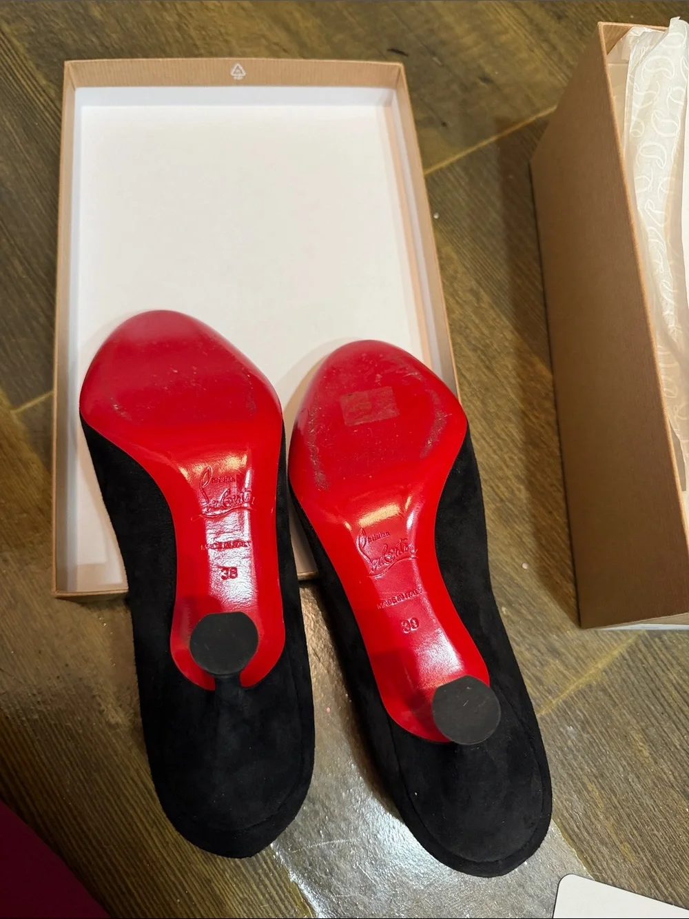 Christian Louboutin STELLA 70 Suede Pumps Flared Stiletto Heel Shoes Black - Picture 9 of 10